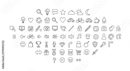Collection of various outline icons including lightbulb, heart, car, tree, and other miscellaneous symbols created with generated ai