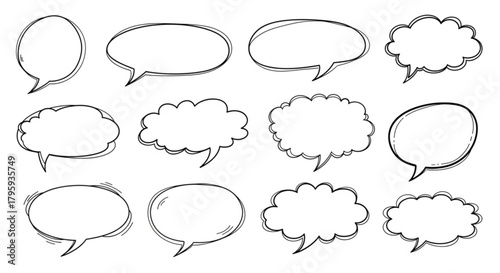 Collection of twelve hand drawn speech bubbles with various shapes and sizes in black and white color created with generated ai