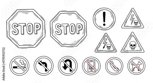 Illustration of various warning signs including stop, danger, and prohibition symbols in black outline created with generated ai
