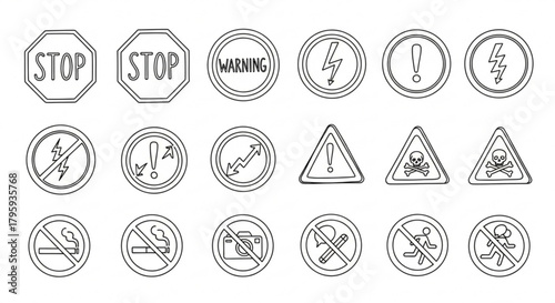 Illustration of various warning and prohibition signs including stop, danger, and no smoking symbols created with generated ai
