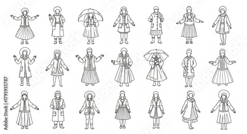 Collection of line art drawings featuring women wearing coats with various styles and accessories present created with generated ai