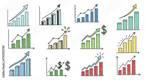 Collection of hand drawn bar graphs and line graphs showing upward trends in various colors and styles created with generated ai