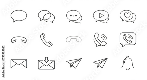 Illustration of communication icons including speech bubbles phone handsets and paper airplanes in outline style created with generated ai