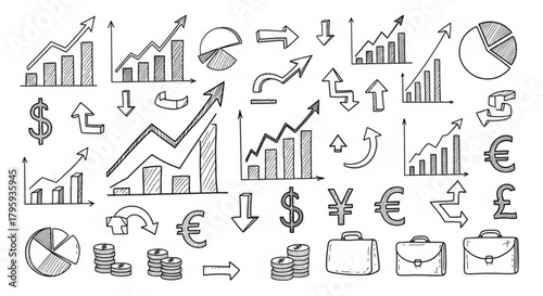 Hand drawn financial doodles featuring graphs, charts, currency symbols, arrows and business briefcases created with generated ai