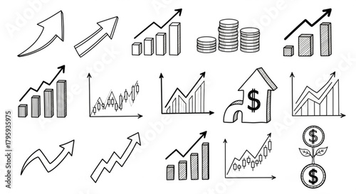 Collection of hand drawn financial growth charts and arrows indicating upward trends in black and white style created with generated ai