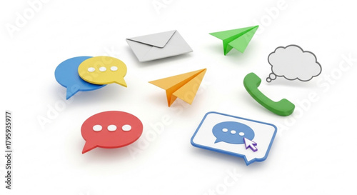 Illustration of colorful communication icons including speech bubbles and paper airplanes set on white created with generated ai