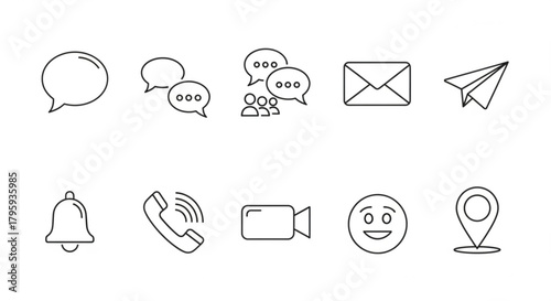 Illustration of communication icons including speech bubbles and notification symbols in outline style created with generated ai