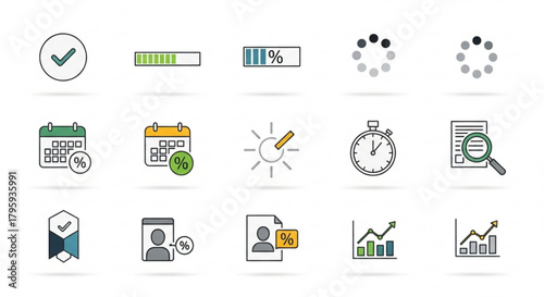 Illustration of various business and productivity icons including progress and calendar symbols created with generated ai