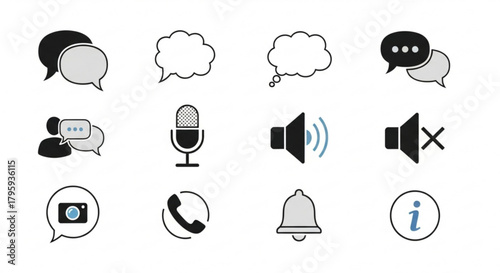 Illustration of communication and notification icons including chat bubbles and sound controls shown created with generated ai