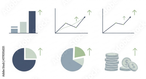 Illustration of financial growth charts with bar graph, line graph, pie chart and coins indicating profit created with generated ai
