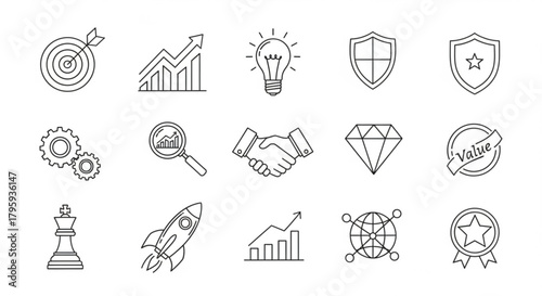 Outline icons representing business concepts such as target, growth, idea, security and collaboration are shown created with generated ai