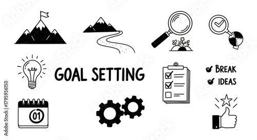 Doodle style illustration representing goal setting with mountains, lightbulb, and calendar icons displayed created with generated ai