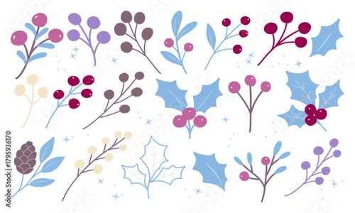Winter berries and holly branch illustration set in blue and mulberry tones, including holly leaves, red and lilac berries, pine cones, and delicate twigs