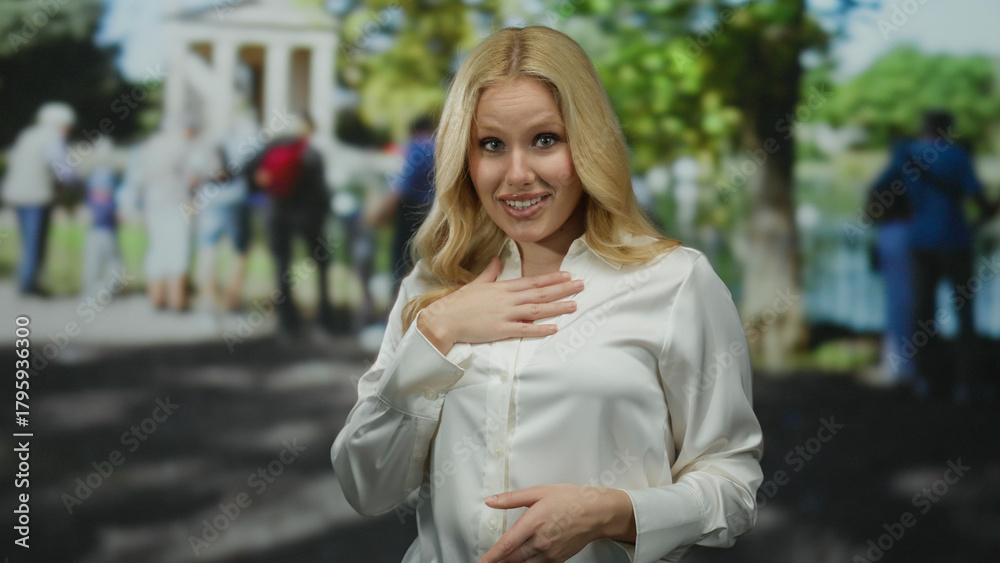 Fototapeta premium Woman in park wearing white shirt gestures confidently surrounded by trees and people in background suggesting lively outdoor scene.