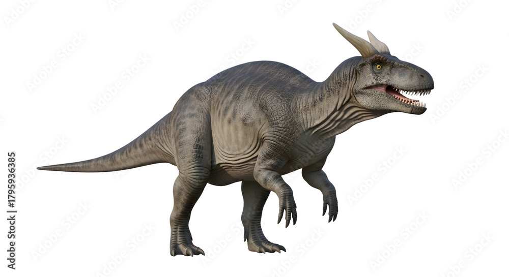 Fototapeta premium Majestic horned carcharodontosaurid dinosaur standing on a plain