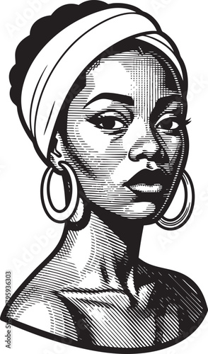 Vintage vector engraving illustration of a woman with headwrap earrings and confident gaze isolated on transparent background showing detailed portrait artwork in monochrome style 