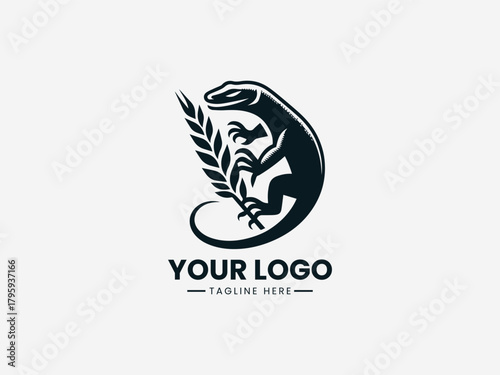 lizard or komodo biting a wheat stalk in bold black vector logo illustration