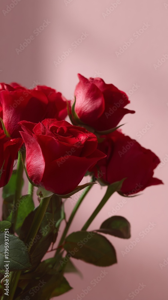 Fototapeta premium Vibrant bouquet of red roses captured against a solid pink background, with dramatic shadows creating a modern, romantic aesthetic.