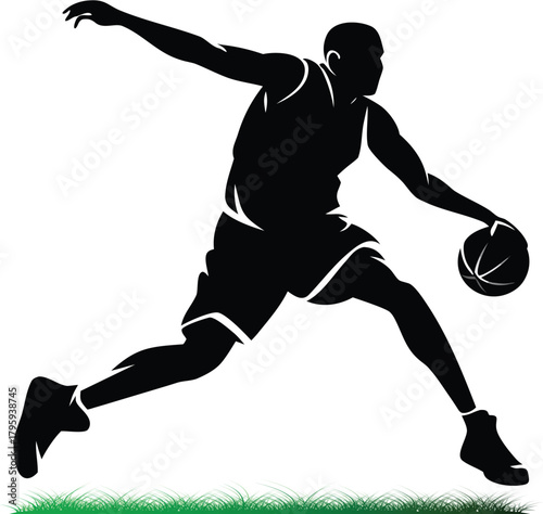 Silhouette of basketball player dribbling ball in dynamic pose