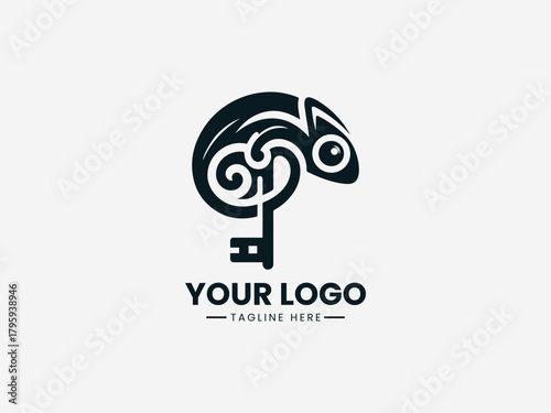 chameleon wrapped around key symbol in clean black vector modern logo illustration