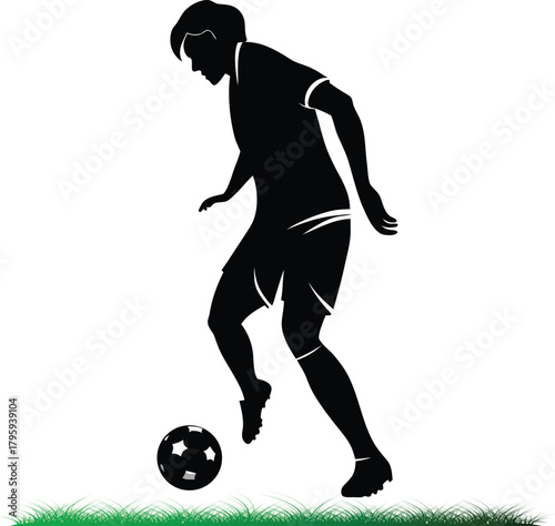Silhouette of soccer player dribbling ball on field graphic