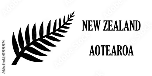 Black Fern and New Zealand Typography. Graphic Featuring Aotearoa Identity on White Background. This design is ideal for use in cultural branding, travel content, or national identity campaigns.