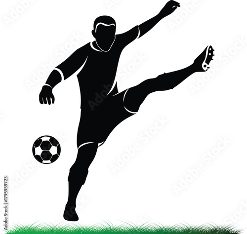Silhouette of soccer player kicking ball on grassy field