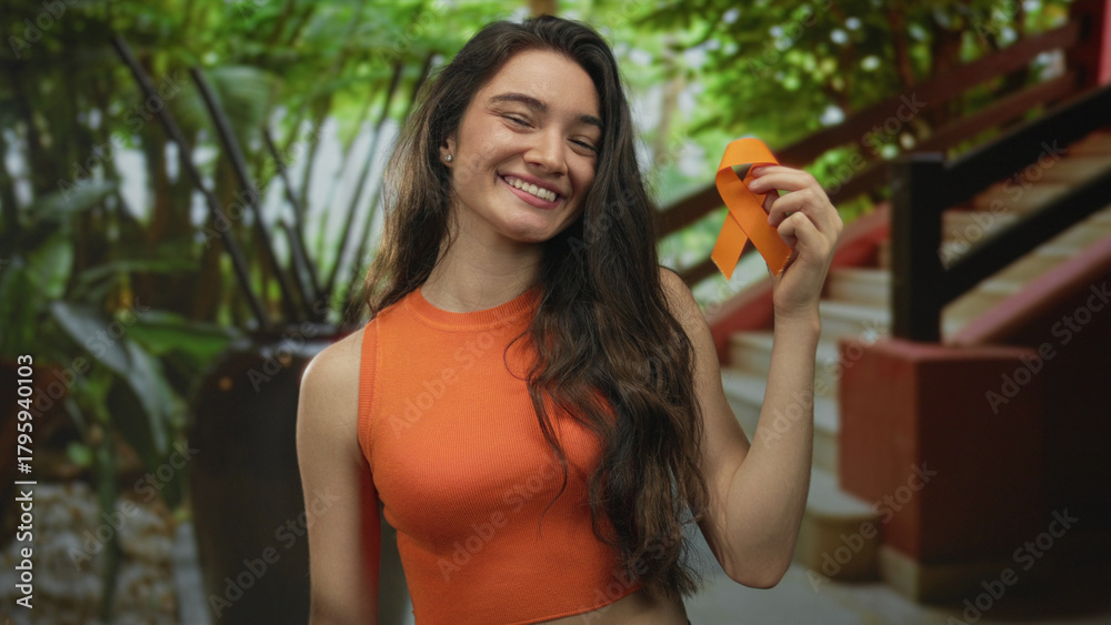 Fototapeta premium Young hispanic woman smiling holds orange ribbon with bare arm in building; hope awareness support.