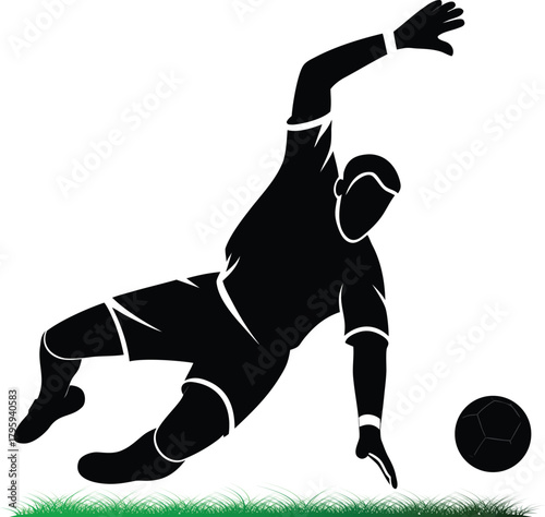 Soccer player goalkeeper saving a ball on green grass