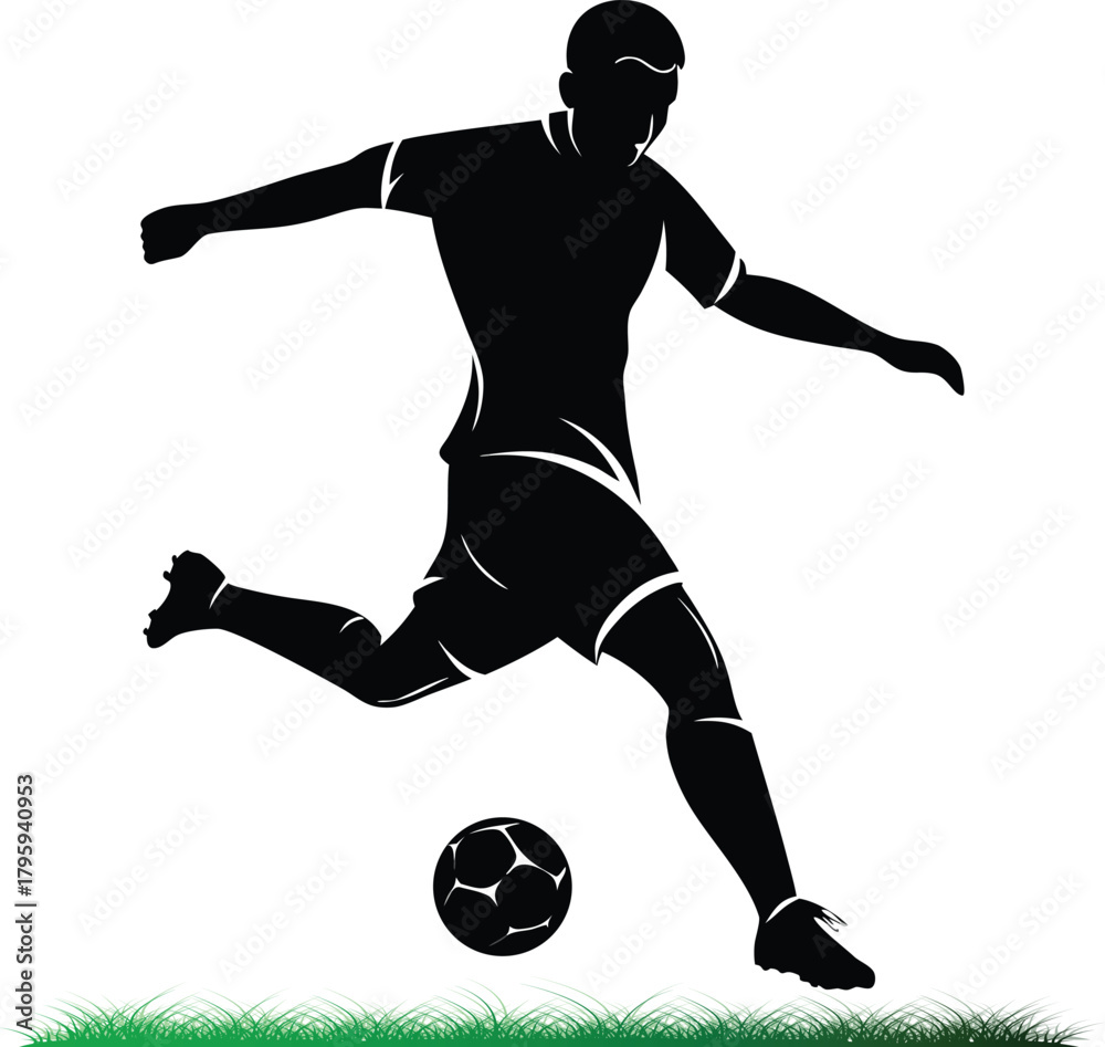 Naklejka premium Soccer player kicking ball on grass field vector illustration