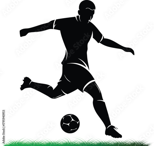 Soccer player kicking ball on grass field vector illustration