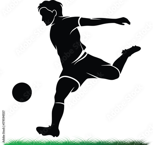Soccer player kicking ball silhouette on green grass vector