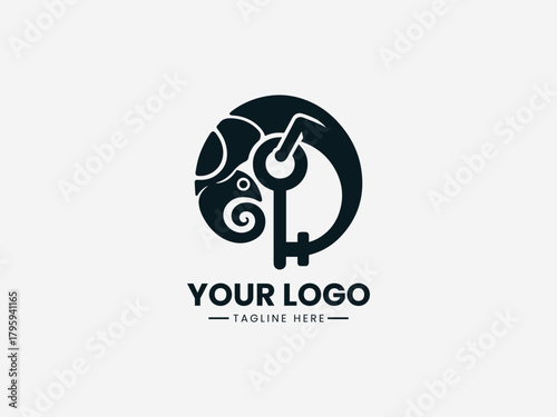chameleon wrapped around key symbol in clean black vector modern logo illustration