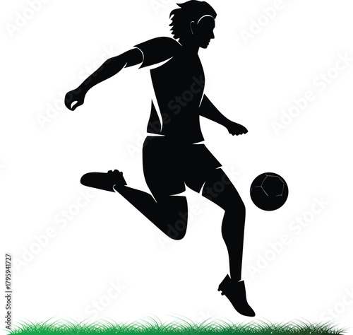 Soccer player silhouette kicking ball on grass field illustration