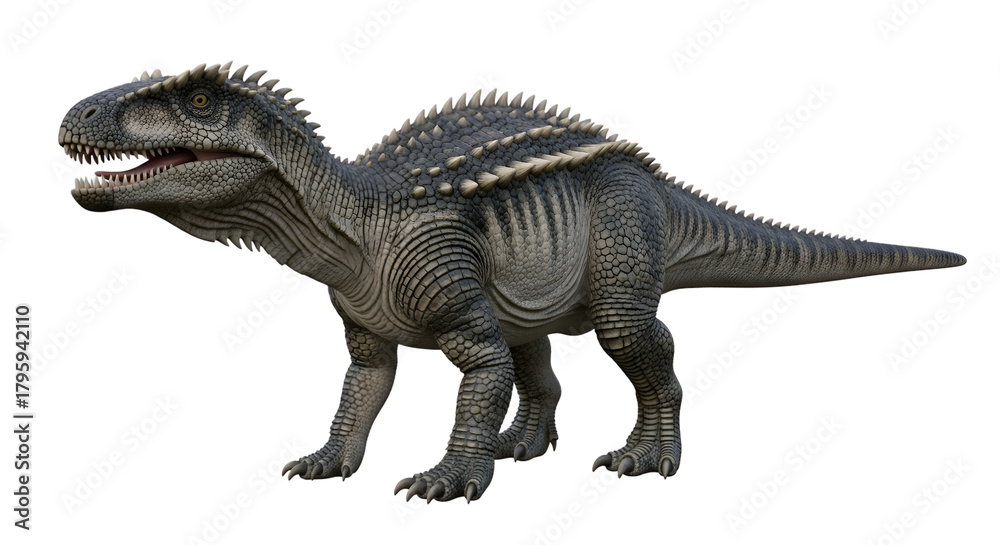 Fototapeta premium Fierce predatory dinosaur with scales and spikes standing tall