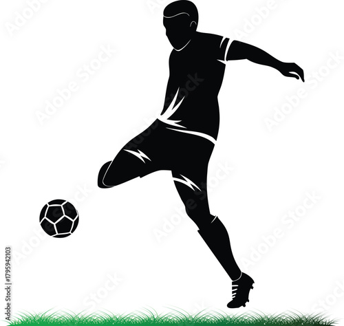 Soccer player silhouette kicking the ball on the field