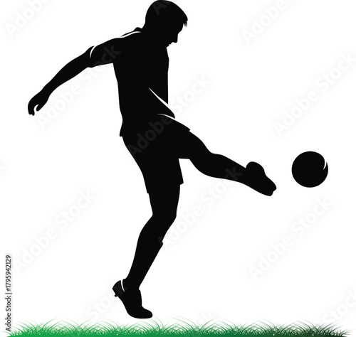 Soccer player silhouette kicking the ball on grass field