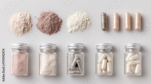 Assorted nutritional supplements: powders and capsules arranged with jars on a minimalist background