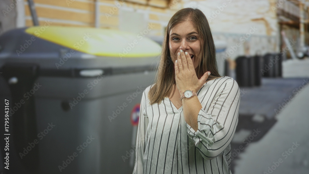 Fototapeta premium Young blonde woman with hand covering mouth in front of large recycling container on busy street; surprise.