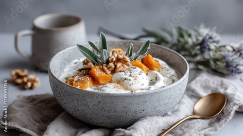 Delicious yogurt bowl with pumpkin, walnuts, and sage garnish on linen napkin