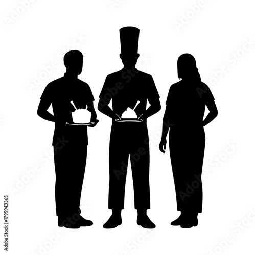 Chef, service staff team silhouette holding serving trays Vector