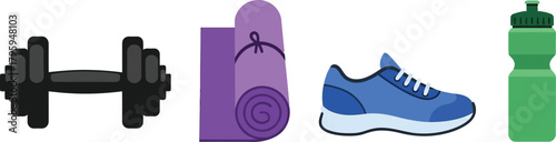 Flat Fitness Icons Dumbbell Yoga Mat Running Shoe Water Bottle