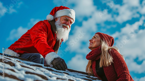A man and a woman sitting on top of a roof with Santa Claus