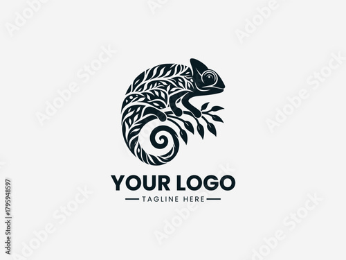 Stylized chameleon blending into abstract shapes representing camouflage in clean black vector illustration