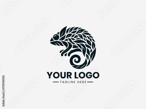 Stylized chameleon blending into abstract shapes representing camouflage in clean black vector illustration