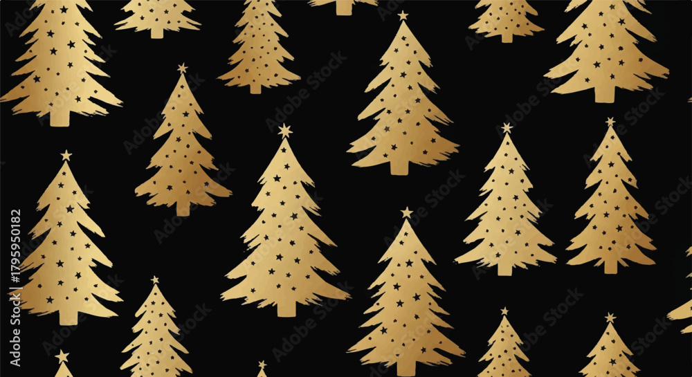 Obraz premium Luxury Seamless Pattern of Textured Gold Christmas Trees on Black