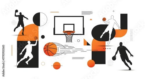 Dynamic Basketball Action Illustrations Featuring Players and a Hoop in a Modern Graphic Style