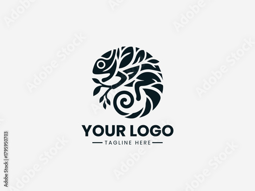 Stylized chameleon blending into abstract shapes representing camouflage in clean black vector illustration