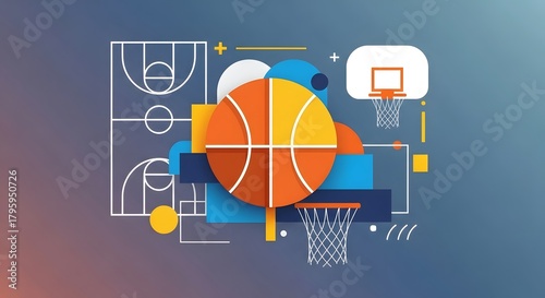 Exciting Basketball Action, Sport Graphics, Urban Environment, Digital Illustration, Vibrant Colors, Creative Design Concept