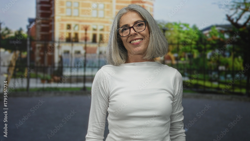 Fototapeta premium Woman with grey hair wearing glasses and white top looks to side in front of a gated building on a city street; confidence poise reflection.